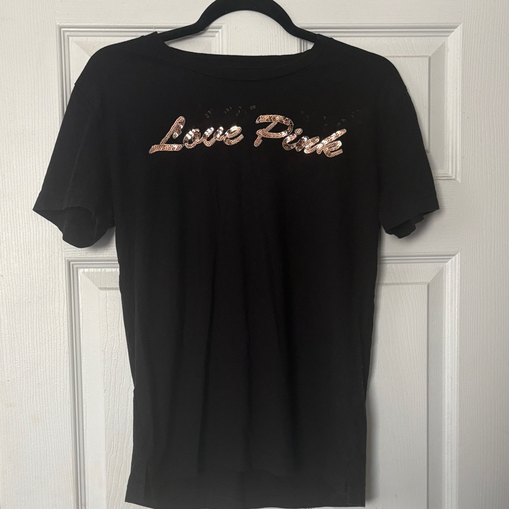 Victoria Secret PINK Black "Love Pink" Sequin Graphic Tee